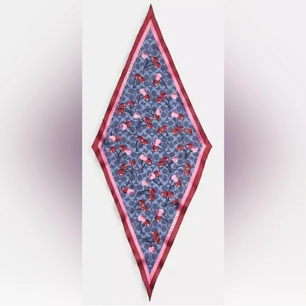 COACH 100% Silk Diamond Shaped Red and Blue Cherry Patterned Scarf - Picture 2 of 4